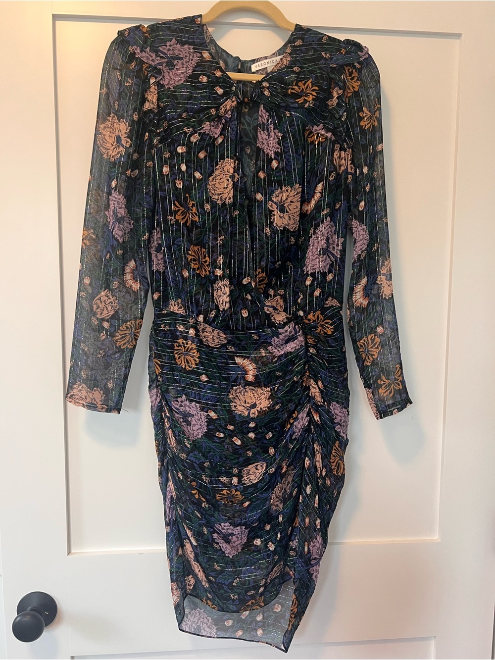 Veronica Beard Navy Floral Long-Sleeve Ruched Tie-Neck Dress